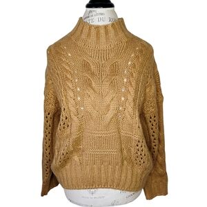 West Of Melrose Mohair Mock Neck Sweater Camel Women Medium Cable Knit Fisherman